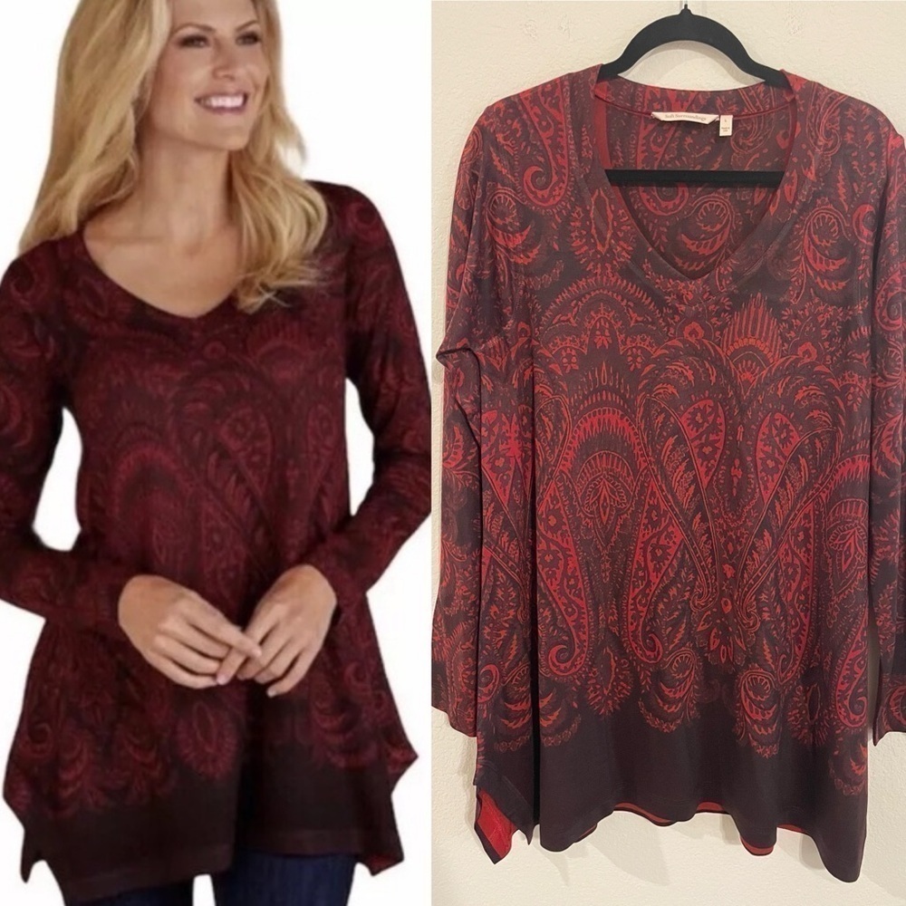 Soft Surroundings Women’s Knit Shirt Large Red & Black Nikita Paisley Longline